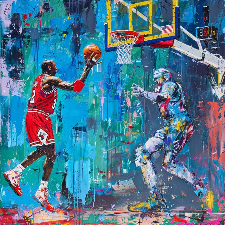 a painting in the style of LeRoy Neiman of Michael Jordan practicing basketball with a robot